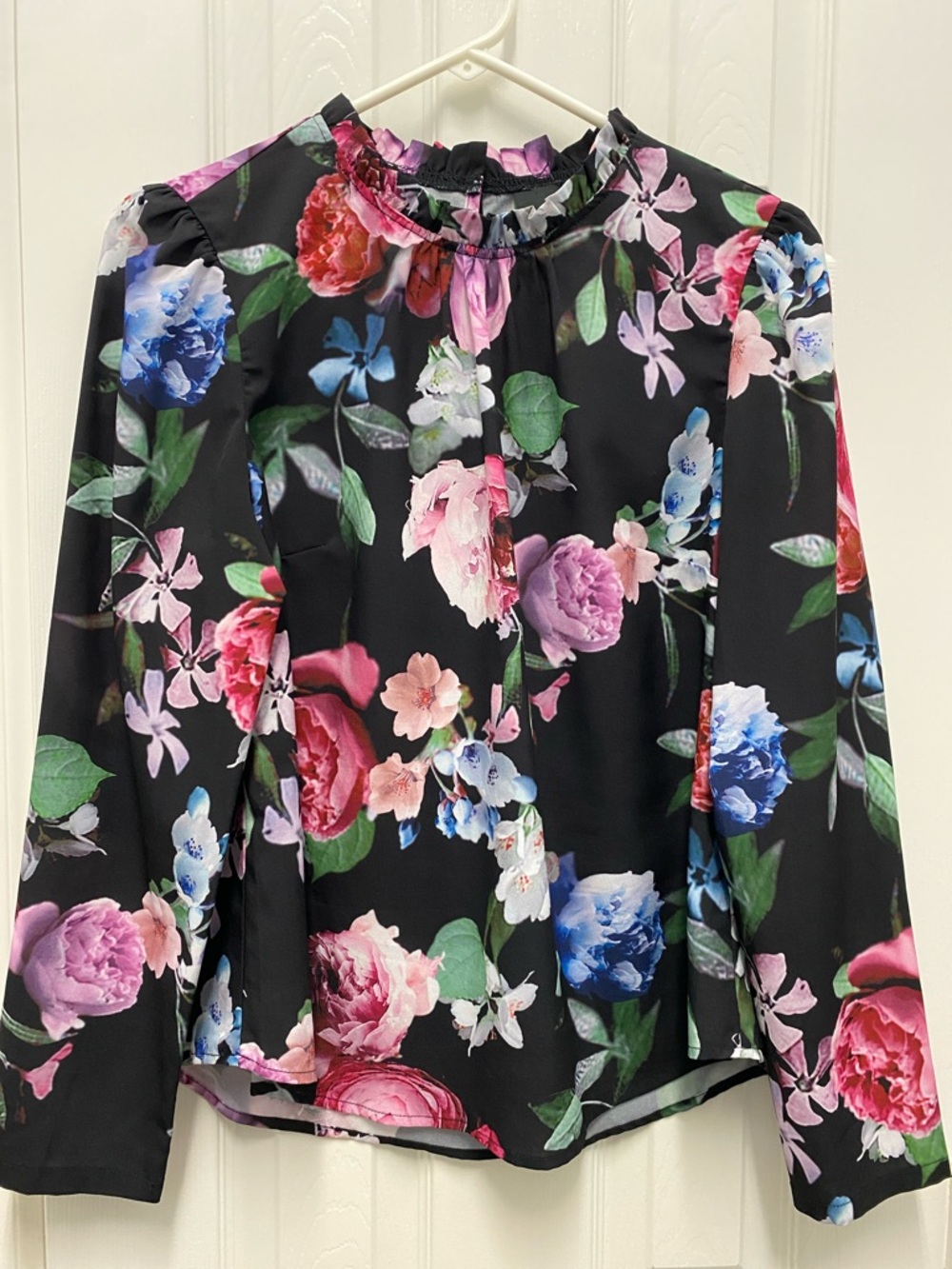 Alex Marie Black Floral Ruffle-Neck Long Sleeve Blouse